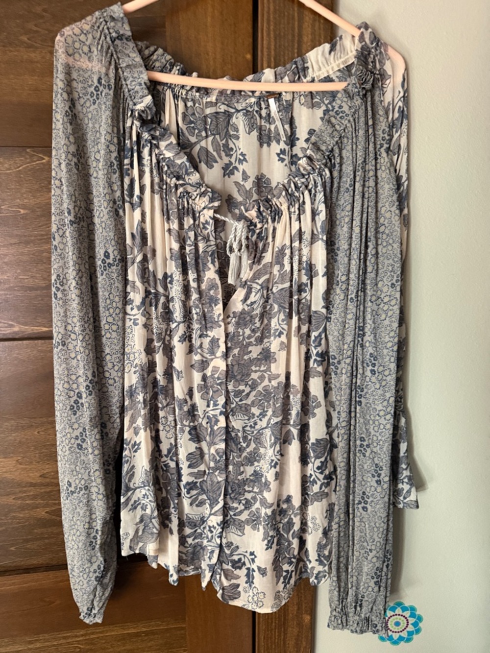 Free People Cream and Blue Floral Peasant Blouse